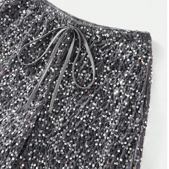 Silver Sequin Drawstring Wide Leg Pants - Picture 8 of 8